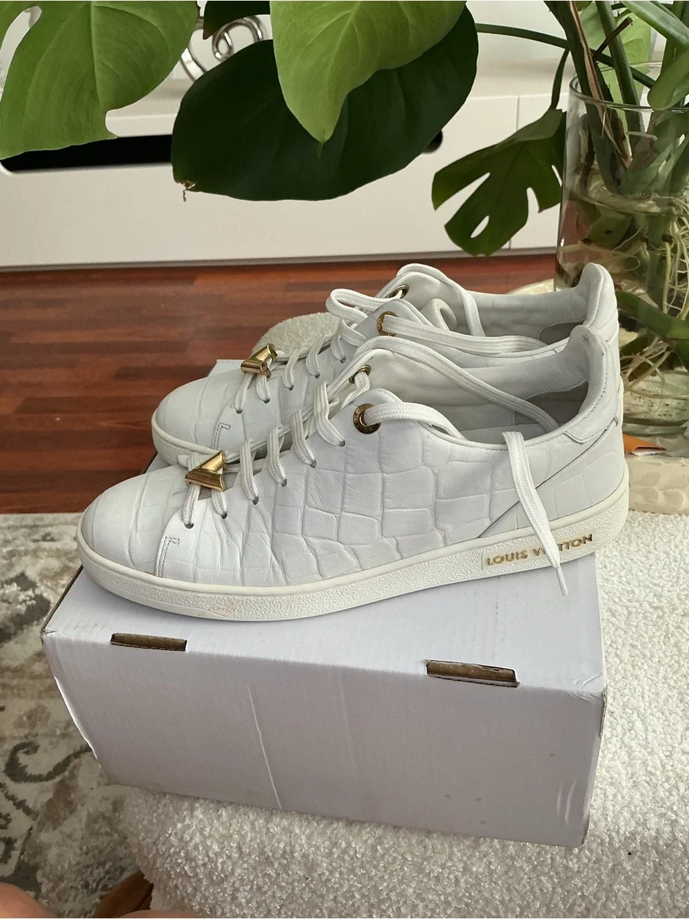 Louis Vuitton White Croc-Embossed Sneakers with Gold V Accents